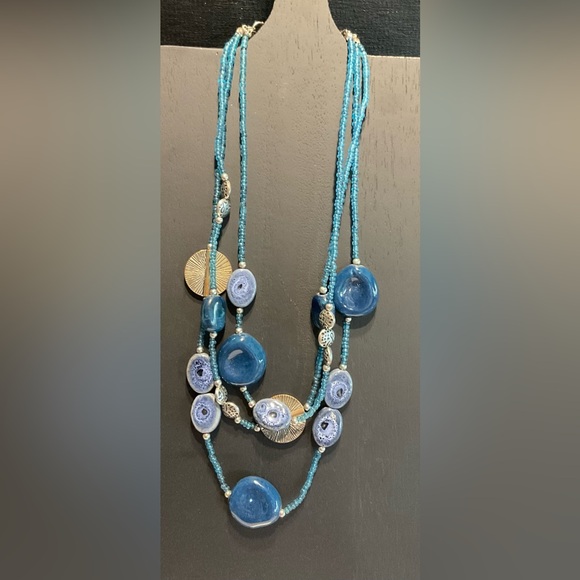 3 Strand Blue & Silver Tone Bead Necklace # 278 - Picture 1 of 8